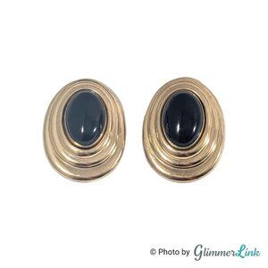 Vintage 14K Gold Filled Carla Oval Black Cabochon Clip On Earrings